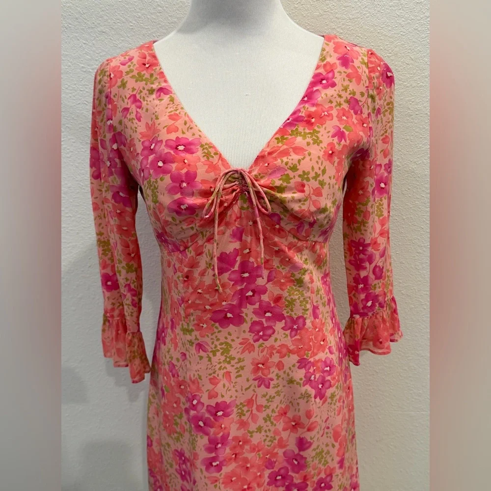 Vintage Maggy London 100% Silk Floral Midi Dress 4 Ruffle Tie Front Pink‎ Garden